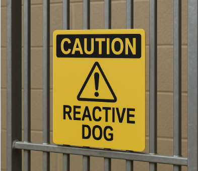 A kennel door with a “Caution: Reactive Dog” sign, indicating breed-neutral safety compliance