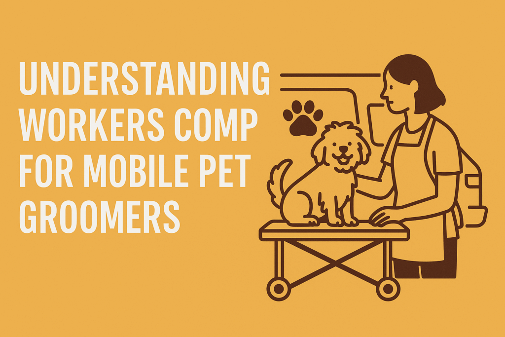 Graphic on a yellow background titled ‘Understanding Workers Comp for Mobile Pet Groomers,’ showing a line illustration of a groomer beside a van, smiling at a dog on a grooming table.
