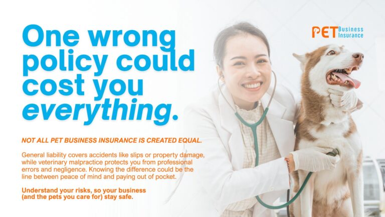 A smiling veterinarian in a white coat examines a happy Siberian Husky with a stethoscope. Bold text on the left reads, “One wrong policy could cost you everything.” Below it, smaller orange text explains the difference between general liability and veterinary malpractice insurance, emphasizing the importance of choosing the right pet business insurance to stay protected.