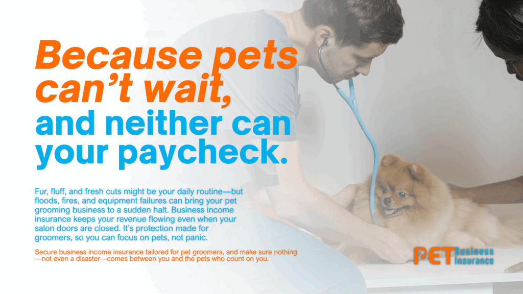 A promotional graphic from PET Business Insurance featuring a veterinarian examining a small fluffy dog with a stethoscope. The headline text reads, "Because pets can’t wait, and neither can your paycheck." Additional text explains the importance of business income insurance for pet groomers, highlighting protection against floods, fires, and equipment failure.