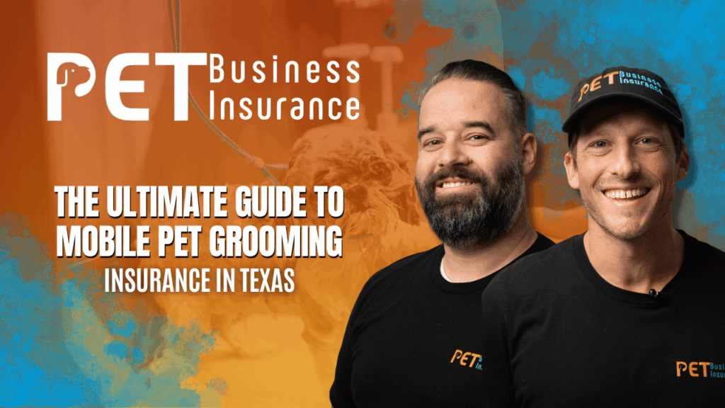 Mobile pet groomer in Texas holding scissors near a panting dog inside a custom van, highlighting the need for business insurance coverage against risks like weather, accidents, and legal claims.