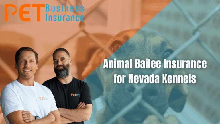 Two smiling representatives from Pet Business Insurance standing in front of a kennel backdrop, with a curious dog behind a chain-link fence and the text ‘Animal Bailee Insurance for Nevada Kennels.’