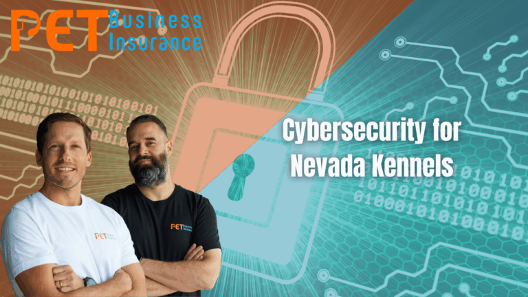 Two men from Pet Business Insurance standing confidently in front of a digital padlock and binary code background with the headline ‘Cybersecurity for Nevada Kennels’—highlighting protection of pet businesses from cyber threats.