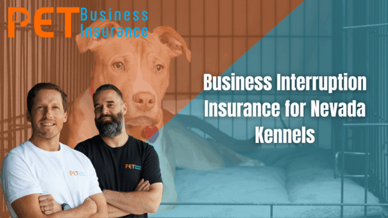 Two representatives from Pet Business Insurance standing in front of a kennel with a pit bull in the background. Text overlay reads “Business Interruption Insurance for Nevada Kennels.”