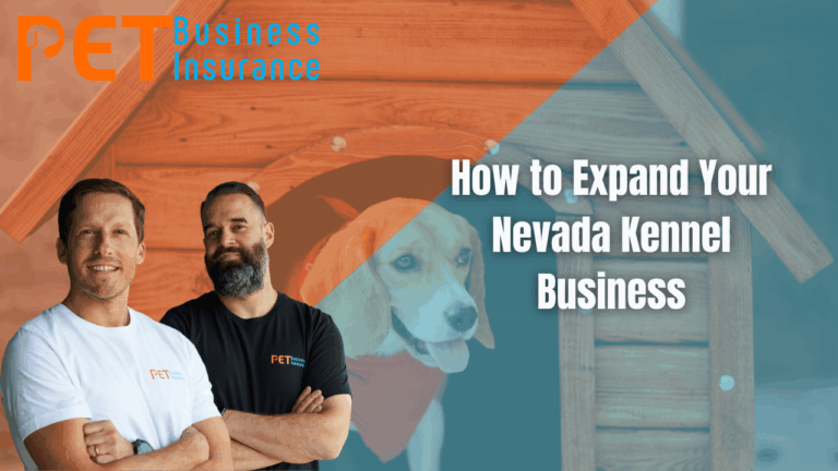 Two pet business insurance experts standing in front of a dog kennel with a beagle, promoting how to expand your Nevada kennel business.