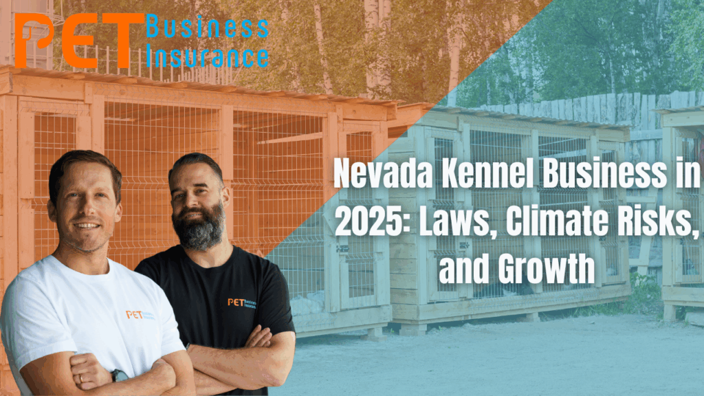 Two men from Pet Business Insurance standing in front of outdoor dog kennels, with text overlay reading 'Nevada Kennel Business in 2025: Laws, Climate Risks, and Growth'