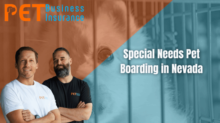Pet Business Insurance team promoting special needs pet boarding in Nevada with professional branding and kennel background