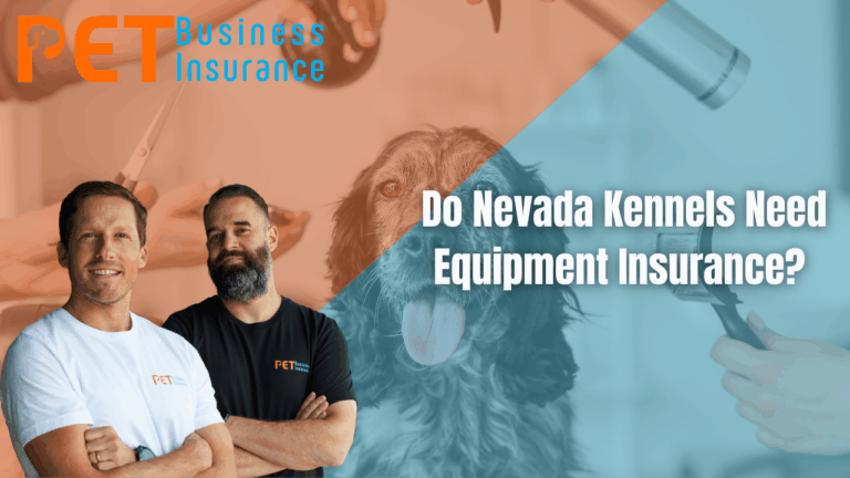 PetBusinessInsurance.com team standing confidently with grooming equipment and a happy dog in the background, promoting Nevada kennel equipment insurance.