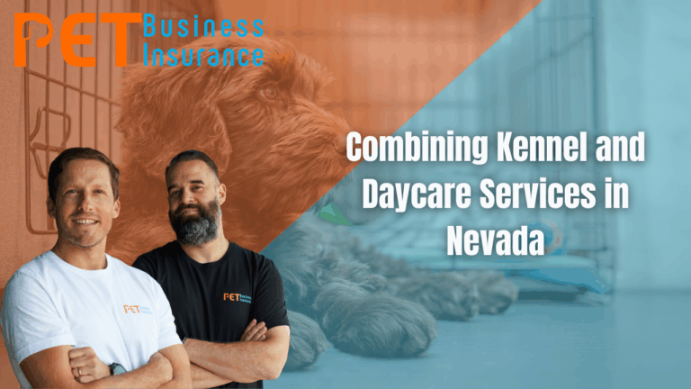 Two men from PetBusinessInsurance.com standing in front of a dog kennel, promoting combined kennel and daycare services in Nevada.