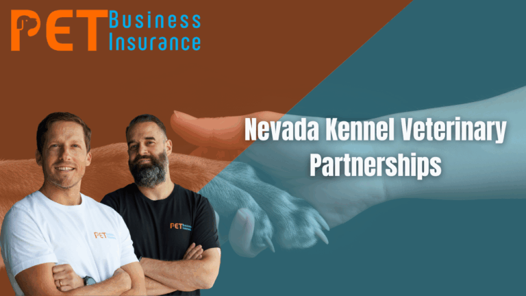 Two men from Pet Business Insurance standing confidently in front of a background featuring a handshake between a human and a dog, with the headline 'Nevada Kennel Veterinary Partnerships'
