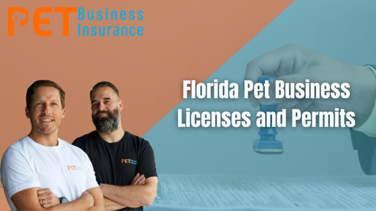 Two men from Pet Business Insurance standing confidently with arms crossed, next to a stamp approval graphic and headline text 'Florida Pet Business Licenses and Permits'