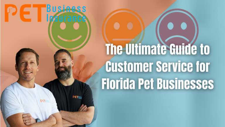 Two smiling men in branded PET Business Insurance shirts standing confidently in front of a background with happy, neutral, and sad face icons, promoting The Ultimate Guide to Customer Service for Florida Pet Businesses.