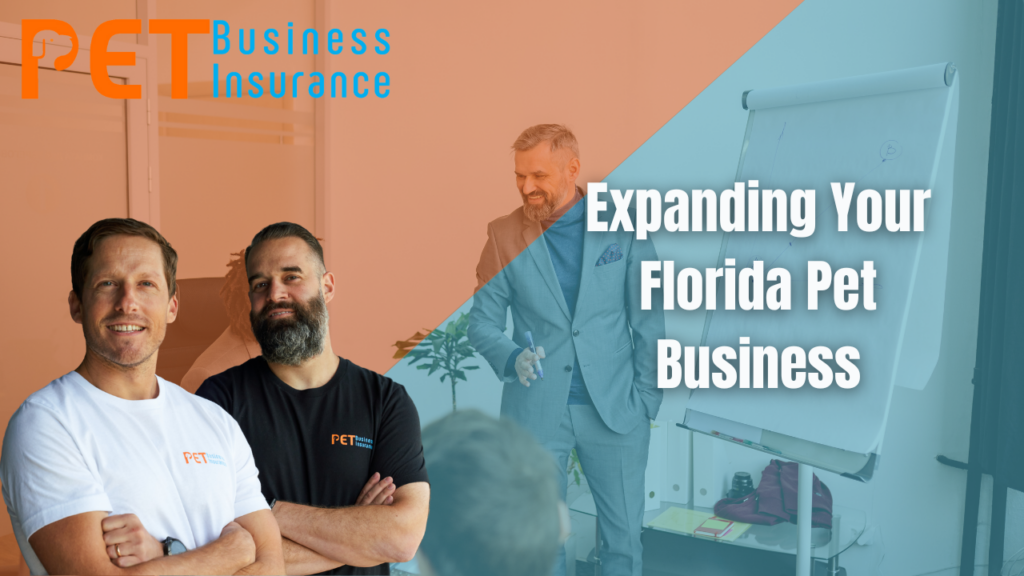Florida pet business expansion meeting with two business owners and consultant presenting growth strategy, PET Business Insurance branding visible