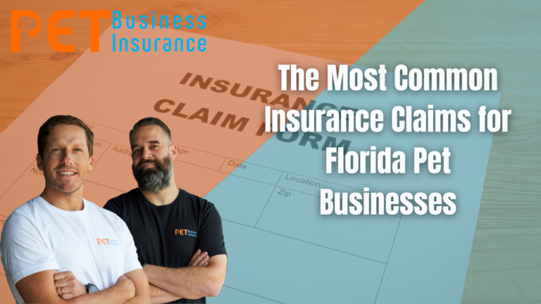 Florida pet business insurance claims thumbnail featuring two business owners and insurance claim form background with text overlay.