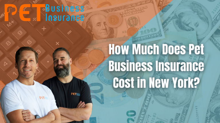 Pet business insurance cost in New York with dollar bills, calculator, and two business owners representing coverage pricing