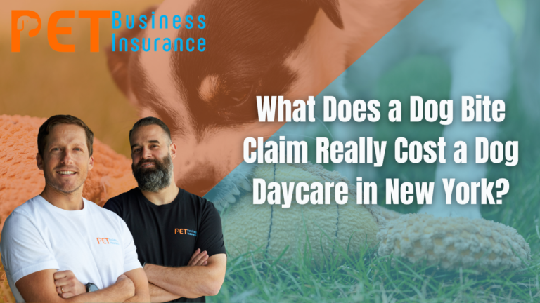 Dog daycare insurance experts with dog bite claim cost text for New York businesses