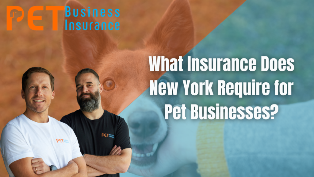 Pet Business Insurance team with dog background and text “What Insurance Does New York Require for Pet Businesses?"