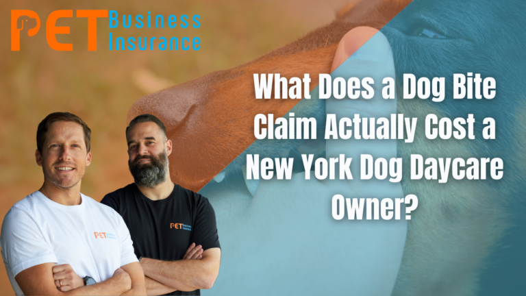 Pet Business Insurance team with dog close-up and text about cost of a dog bite claim for New York dog daycare owners